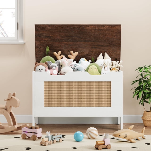 Coffre de Rangement, Banc de Rangement en Rotin 30 Pouces avec Charnière de Sécurité, Coffre à Couvertures à Couvercle Rabattable, Supporte 350 Lb, pour Entrée, Salon