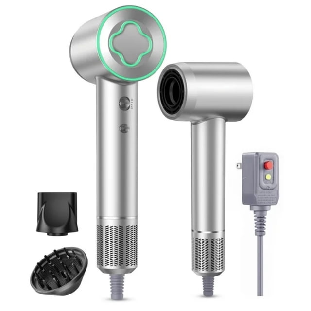 Fast Drying Hair Dryer in gray with a high-speed 150,000 RPM brushless motor, featuring a sleek cylindrical design with a green LED accent on the front. Includes a diffuser, smoothing nozzle, and a power cord with a safety switch. Equipped with negative ion technology for reducing static and intelligent temperature control for safe drying. Lightweight and portable, suitable for all hair types and travel.