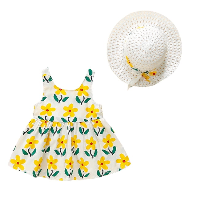 Robe Bébé Sans Manches, Robes Tutu, Robes d'Été pour Filles avec Chapeaux, 2 Pcs, Robe de Fête pour Bébé 110/12