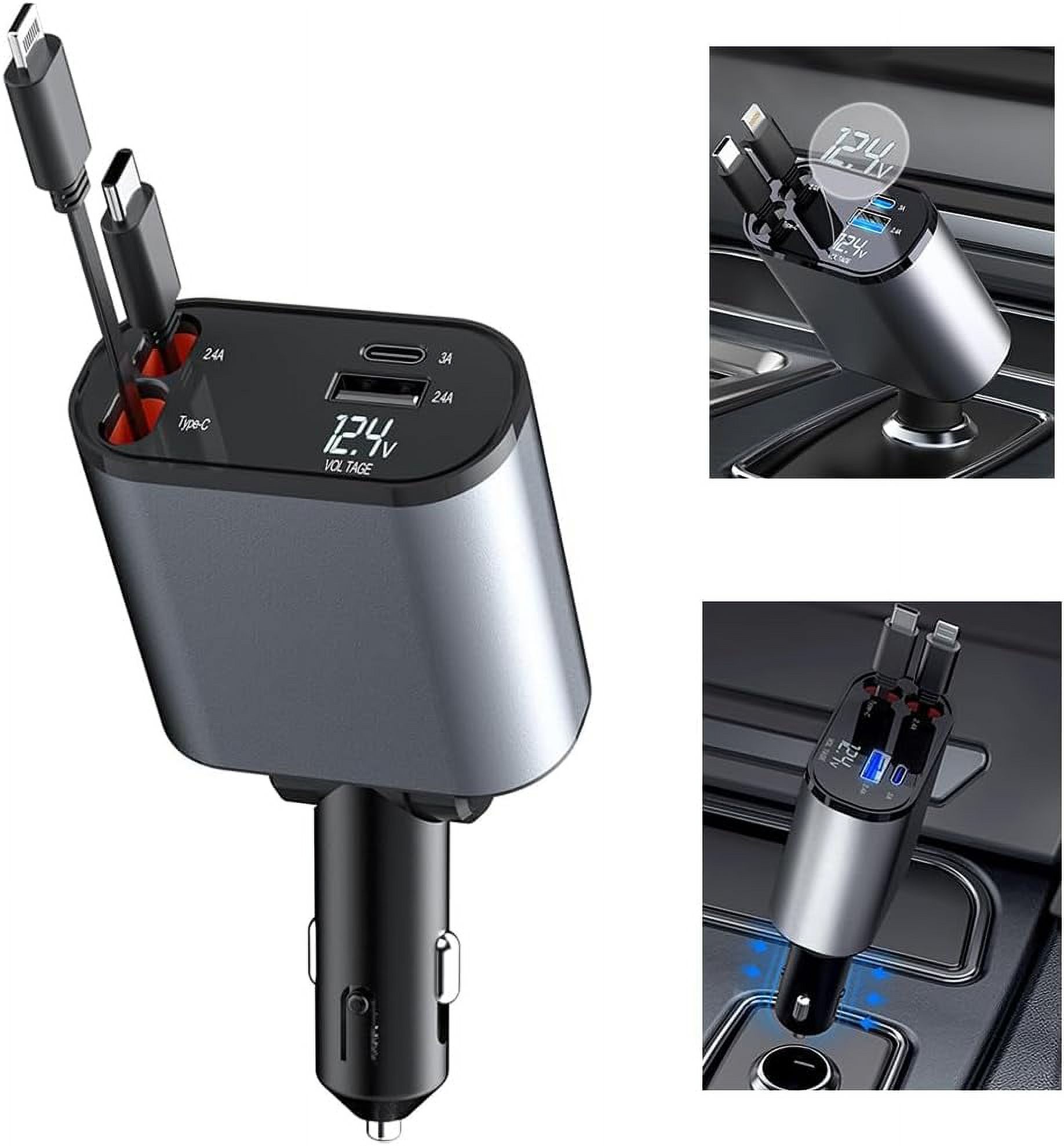 Retractable Car Charger, 4 in 1 Fast Charging Car Charger, Retractable Cable and 2 USB Ports Car Adapter Electric Car Charger