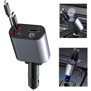 Chargeur de voiture rétractable, 4 en 1 Chargeur de voiture rapide, câble rétractable et 2 USB Chargeur de voiture électrique Adaptateur de port