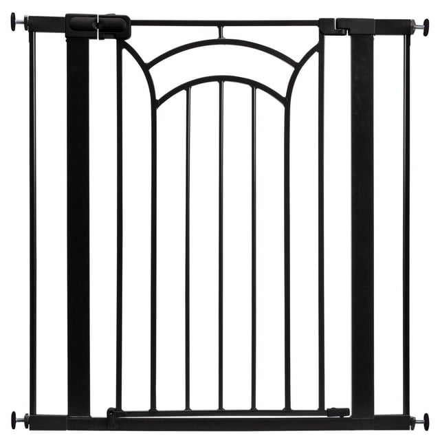 Safety 1st Decor Metal Gate in black metal with vertical bars and decorative curved top bars, pressure-mounted for doorways or hallways 29 to 47 inches wide and 38 inches high, featuring a two-action child-safe handle and easy one-hand adult operation.