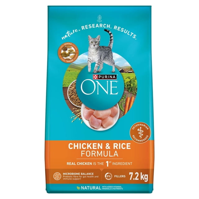 Purina ONE Chicken & Rice Formula dry cat food 7.2 kg bag with blue and orange packaging, featuring a gray tabby cat, real chicken pieces, and vegetables, highlighting microbiome balance, prebiotic fibre for gut health, immune support, and veterinarian recommended formula.