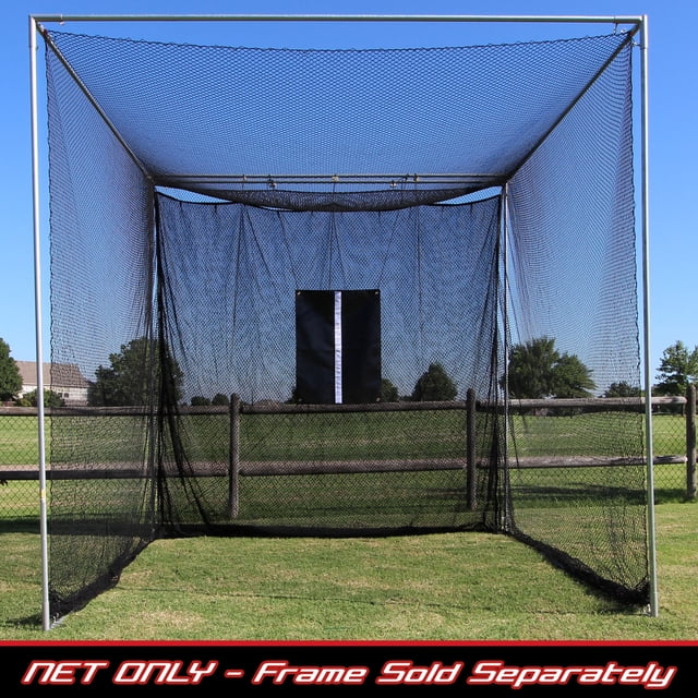 Cimarron 10x10x10 Masters Golf Net Only, a heavy-duty black net measuring 10 feet deep, wide, and high. The net is enclosed on three sides and the top, with a black baffle backdrop in the center to stop stray golf balls. Suitable for use in game rooms, garages, or outdoor spaces. Frame sold separately.