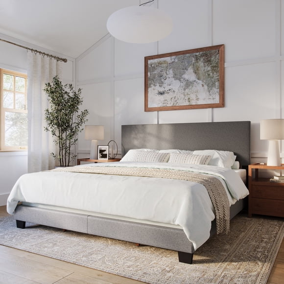 Cadre de lit rembourré moderne CorLiving Celeste pour adulte, format king, avec tête de lit, sommier requis, gris