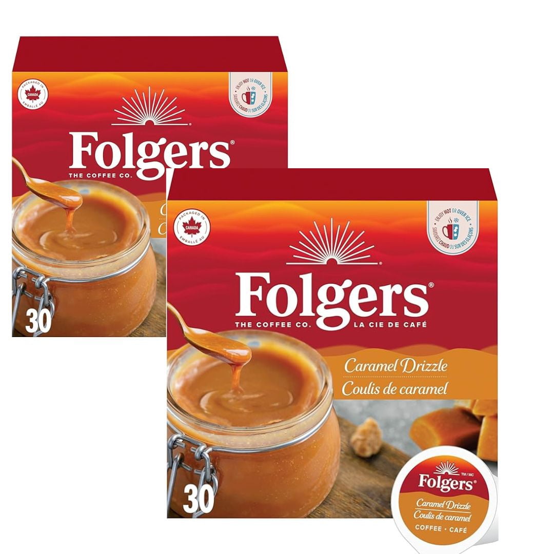 Folgers Caramel Drizzle Flavoured Light Roast Coffee PODS 60 COUNT ( 2 PACK )