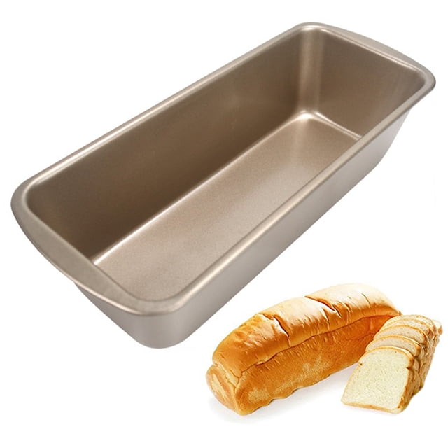 Coofit Loaf Pan Creative DIY Rectangular Nonstick Bread Baking Pan Bread Pan in a golden finish, made of heavy steel. The pan features a rectangular shape with smooth, nonstick interior surfaces, ideal for baking bread, toast, loaf, pie, or meat. Shown in the image is the pan alongside a loaf of bread, emphasizing its use for baking. Available in three sizes: small (19.6x9.4x5.7cm), medium (23.6x9.4x5.3cm), and large (27.6x9.4x5.5cm). Suitable for household kitchens, restaurants, and hotels.
