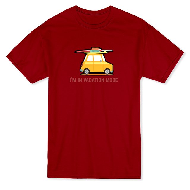 T-shirt Rouge Cardinal pour Homme avec Citation « Je Suis en Mode Vacances » et Graphique de Voiture