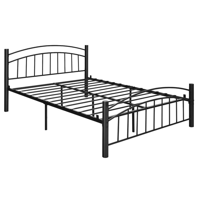 Costway Queen Size Metal Platform Bed Frame with black powder-coated steel construction, slat support, and reinforced legs for stability. Features a refined headboard and footboard, 13.5-inch under-bed storage space, and noise-free design. Ideal for bedroom furniture setups and compatible with most mattresses without a box spring.