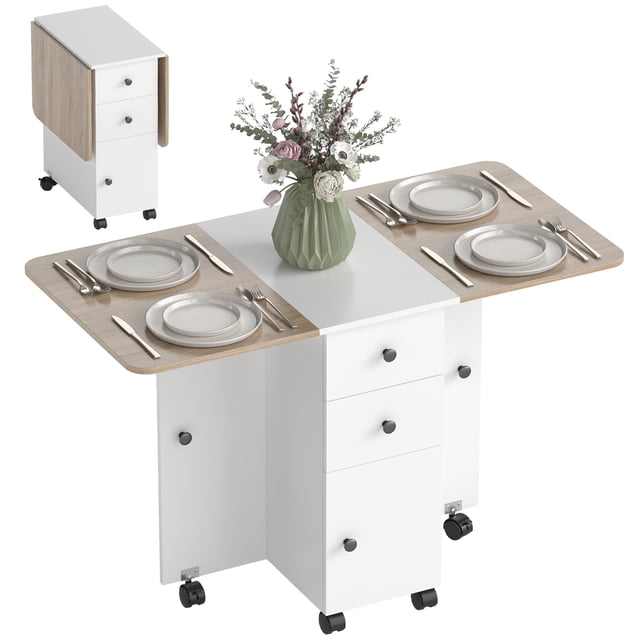 HOMCOM Foldable Dining Table, Drop Leaf Table on Wheels, White and Oak. This space-saving dining table features an expandable design with two drop leaves, accommodating up to 6 people when fully extended. Includes two drawers, a cabinet for discreet storage, and six wheels, four with brakes for stability. Made of particleboard with a melamine coating for easy cleaning. Compact when folded, ideal for modern kitchen or dining spaces.