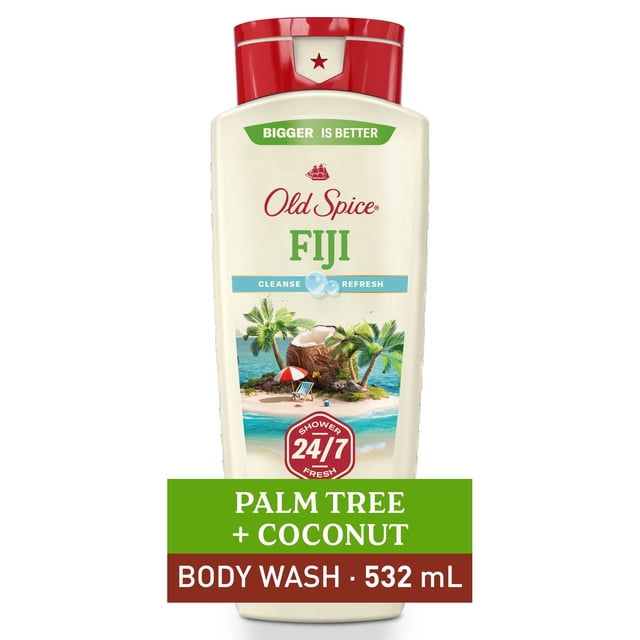 Old Spice Men's Body Wash Fiji Scent 532 mL bottle with red cap, featuring palm tree and coconut island graphics, providing 24/7 shower fresh, cleanse and refresh benefits for long-lasting scent and odor removal, suitable for daily use.