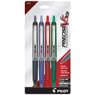 Pilot Precise V5 RT Retractable Rolling Ball Pens Extra Fine Point 4-Pack Black/Blue/Red/Green Inks (26055)