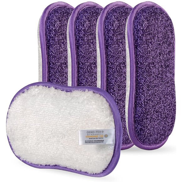 5 Pack Kitchen Dish Sponges Scrubber Non-Scratch Multi-Purpose with Bamboo Fiber Dishcloths, Sponge Along with Heavy Duty Scouring Power - Effortless Cleaning of Dishes, Pots and Pans Purple