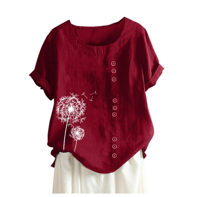 Plus Size Tops For Womens Casual Loose Button Linen Plus Size Daily Boho Tanic T-Shirt Blouse Tops