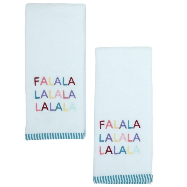 Holiday Time Hand Towels set of two white 100% cotton towels measuring 16 in. by 26 in. each, with colorful embroidered 'FALALA LALALA LALALA' text and teal striped trim at the bottom, ideal for bathroom use and seasonal décor.