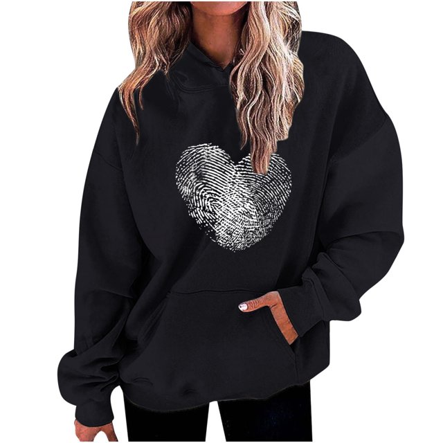 Penkiiy Chandails à Capuchon et Chandails pour Femmes, Mode Décontractée, Saint-Valentin, Imprimés, Manches Longues, 2TG, Noir