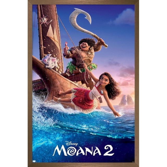 Disney Moana 2 - Affiche Murale sur une Feuille, 22,375 Pouces x 34 Pouces Encadrée, Représentant des Personnages Polynésiens Animés sur un Voilier en Bois Naviguant dans les Vagues de l'Océan au Coucher du Soleil, Mettant en Vedette une Grande Figurine avec un Crochet Traditionnel, une Fille en Robe Polynésienne Rouge et Blanche, et Deux Compagnons Animaux, Posés contre un Ciel Bleu vibrant et des Îles Rocheuses Lointaines, Convient à la Déco Maison et à l'Art Mural