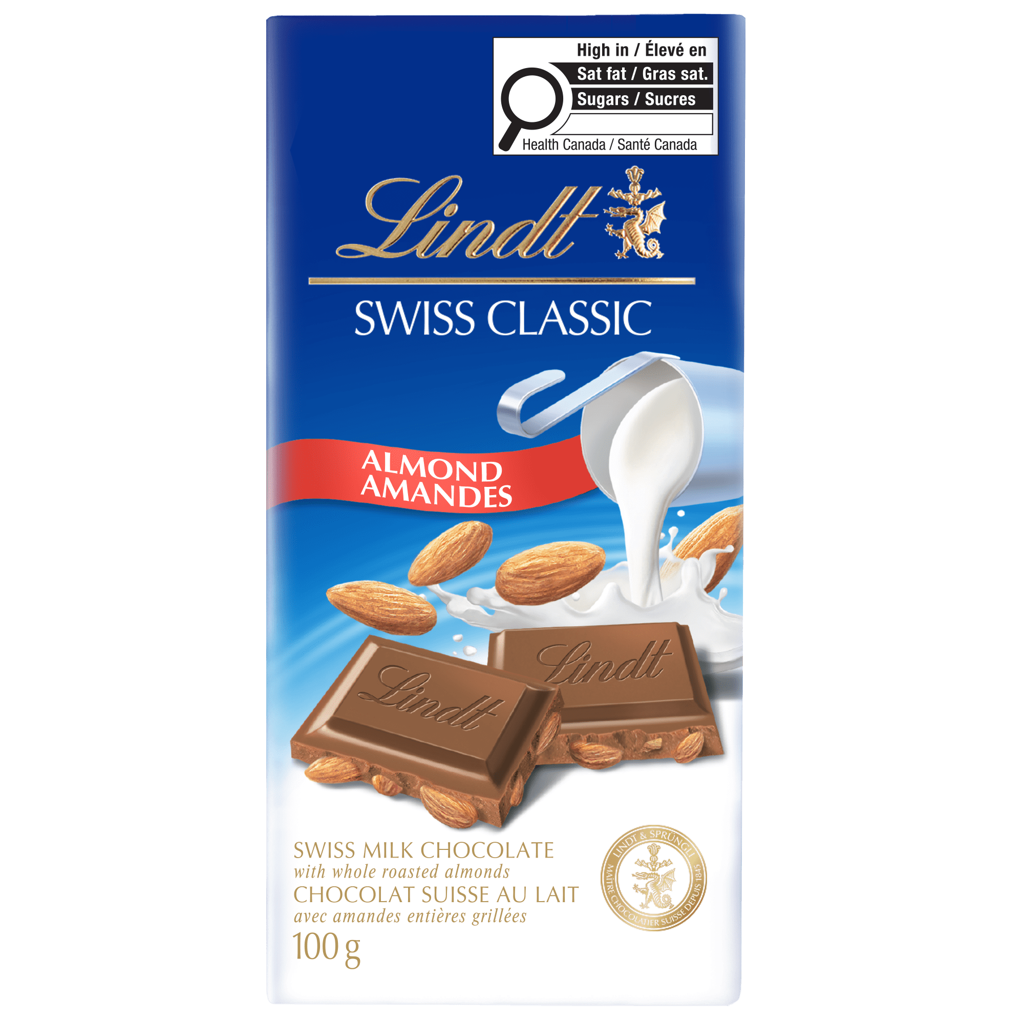 Chocolat au lait avec amandes Lindt SWISS CLASSIC – Barre (100 g)