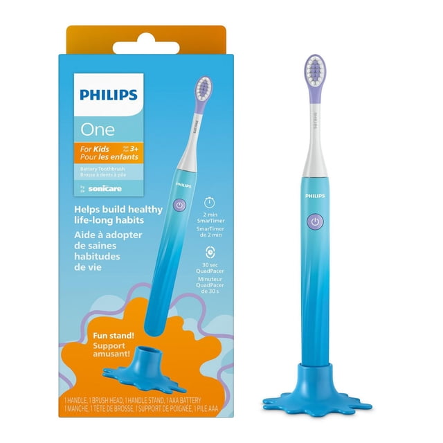 Philips One for Kids by Sonicare battery toothbrush in blue with a purple mini brush head featuring soft bristles and rubber back, standing on a blue splash-shaped stand, designed for kids ages 3+, with a 2-minute SmarTimer and 30-second QuadPacer to encourage thorough brushing and build healthy habits.