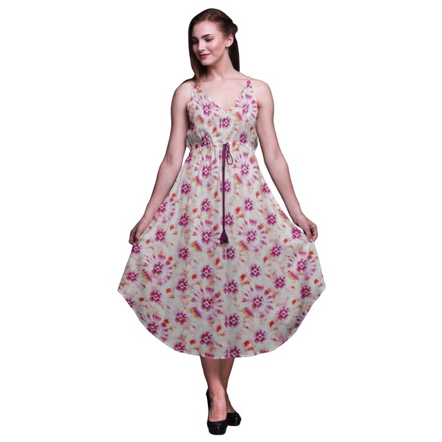 Bimba Robe Teinture sur Nœuds pour Femme à Imprimé Floral, Bretelles Spaghetti, Col en V, Midi, Tenue de Plage - Xxx-Grand