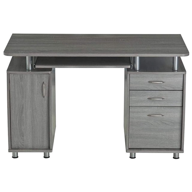 Techni Mobili Floating Modern Office Desk and Complete Computer Workstation in a sleek gray finish. This desk features a spacious floating top supported by two raised holding bars, a slide-out keyboard shelf with a safety stop, and multiple storage compartments, including three drawers and a hinged file cabinet. Constructed from medium-density fiberboard with a sturdy metal base, it offers a space-saving and organized solution for home or corporate offices. Dimensions: 47.5 x 23.5 x 30 inches.