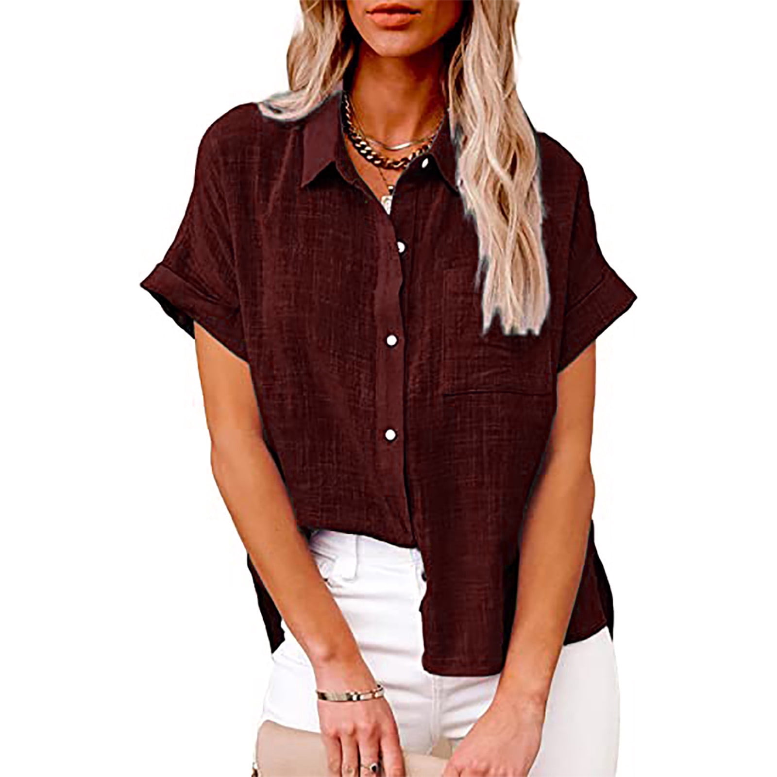 fheaev Button Down Shirts For Women Roll Up Short Sleeve Button Up V-Neck T-Shirt Loose Blouse Tops Work Blouses Collared Tops Tunics With Pocket