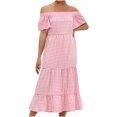 thumbnail image 1 of Fridja Womens Shoulder Neck Short Sleeve Plaid Print Flowy Dress, 1 of 8