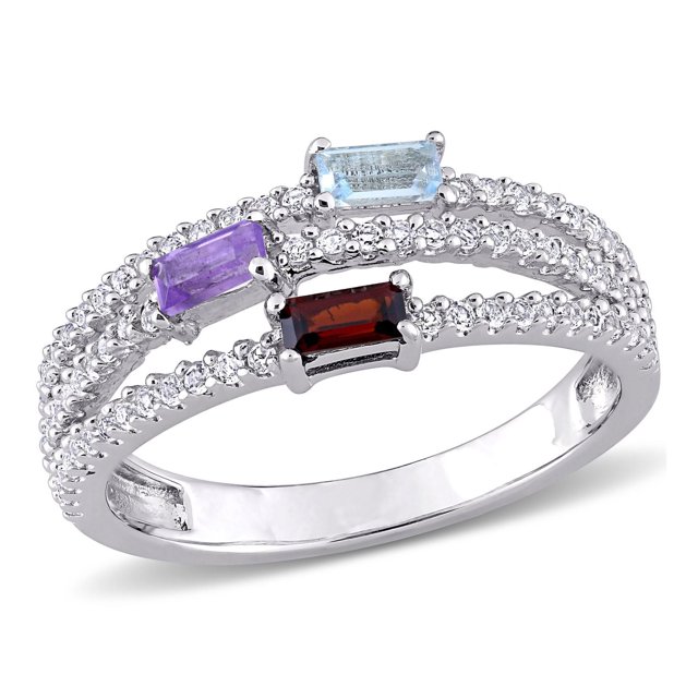 Miabella 3/4 Carat T.G.W. Multi-Gemstone Sterling Silver Triple Row Ring with a 2.4mm sterling silver band featuring baguette-cut amethyst, garnet, and sky blue topaz gemstones, accented by 73 round-cut white topaz stones in three rows with a high polish finish, ideal for elegant everyday wear.