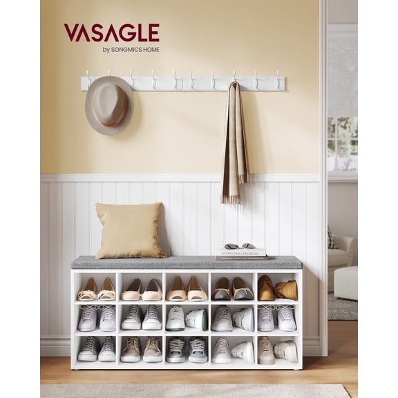 VASAGLE Shoe Bench, Shoe Rack Bench, 15 Compartments, White and Gray ULHS15WT