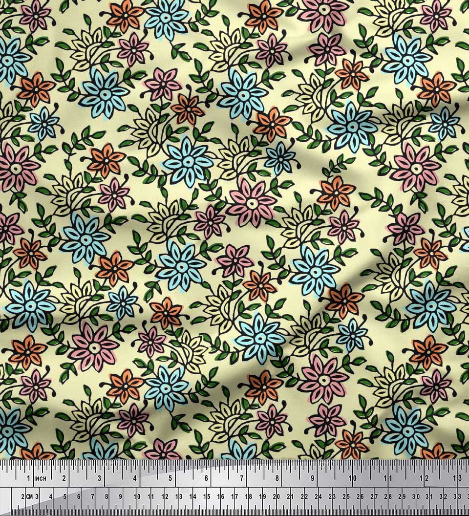 Soimoi Georgette Viscose Fabric Leaves & Floral Block Decor Fabric Printed Yard 42 Inch Wide