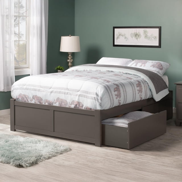 Lit Plateforme en Bois Concord Très Grand avec Pied de Lit et 2 Tiroirs de Rangement, Gris