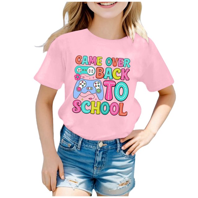 PMVFHDE T-Shirts Fille Hauts Graphiques T-Shirt Fille Hauts Manches Courtes Hauts Fille T-Shirt Enfants Rentrée des Classes Graphique Manches Courtes Col Rond T-Shirt Lumineux et Confortable pour Rose, 4-5 Ans