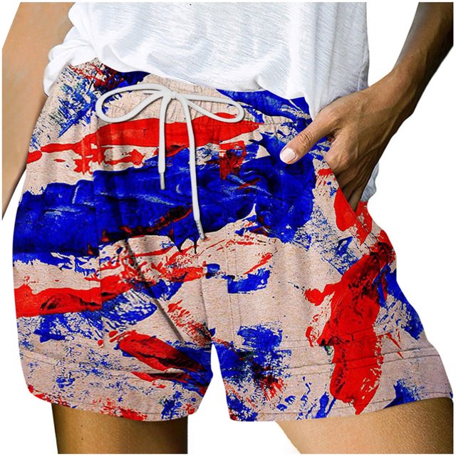 EQWLJWE Combinaison Courte d'Été pour Femmes Combishort d'Été pour Femmes Imprimé Fête de l'Indépendance à Multiples Poches à Lacets Short Décontracté Short pour Femmes pour l'Été