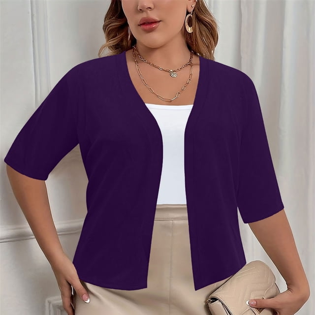 CFLVAEK Fall Cardigan Sweaters for Plus Size Women Casual Short Sleeve Open Front Shrugs Soft Solid Color Cropped Boleros Lightweight Cardigans Cover Ups Purple XXXXL