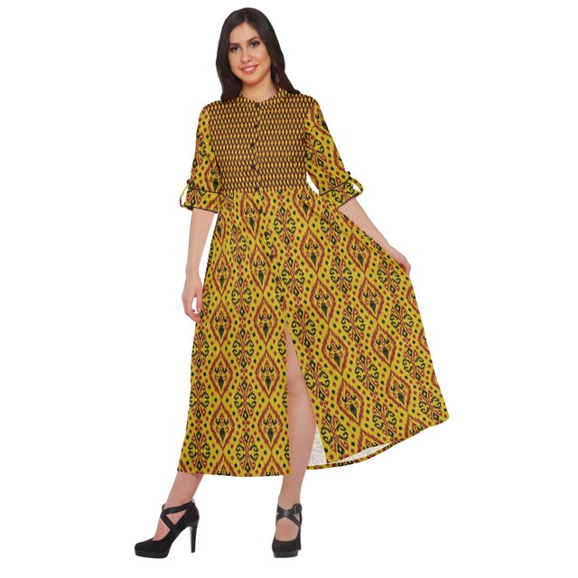 Moomaya Robe Tunique Imprimée à Manches Roulées, Kurti Long avec Fente avant pour Femmes