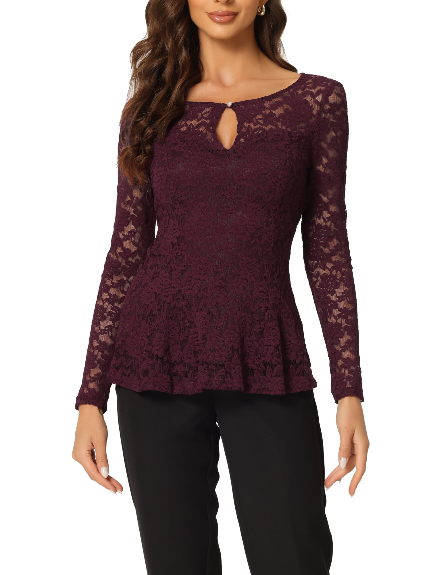 INSPIRE CHIC Hauts à Basque en Dentelle pour Femme Col Rond Manches Longues Blouse Élégante en Dentelle Florale Rouge Violacé S