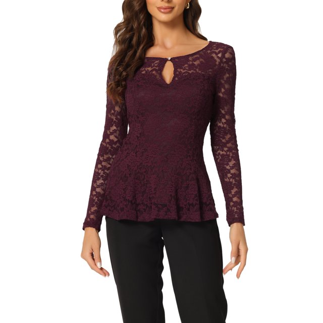 INSPIRE CHIC Haut pour Femme en Dentelle avec Goutte à l'Avant, Ourlet Péplum, Blouse Transparente à Manches Longues, TP Rouge Violacé