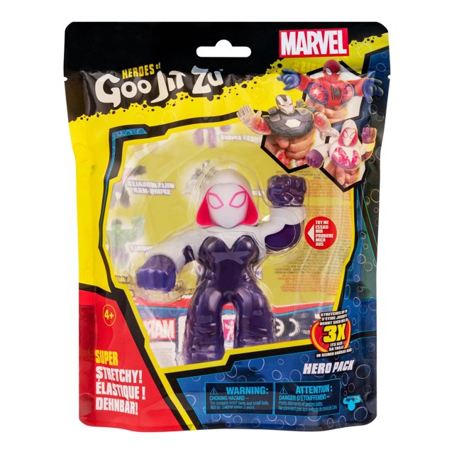 HEROES OF GOO JIT ZU MARVEL HERO PK GHOST SPIDER action figure in sealed packaging featuring a 4.5-inch stretchy and squishy Ghost Spider toy with purple and white body and pink mask details, designed for children 4 and up, part of a Marvel collectible action figures series ideal for tactile play and stretching up to three times its size.