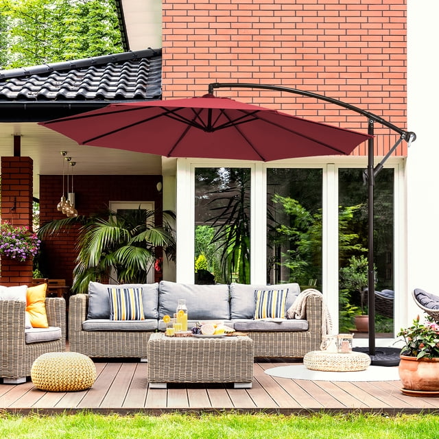 Costway 10FT Patio Offset Hanging Umbrella in burgundy with easy tilt adjustment and 8 sturdy ribs, ideal for outdoor shade in patios, gardens, or restaurants. The umbrella features a 10-foot diameter polyester canopy supported by a powder-coated iron pole and cross base, providing durable and adjustable coverage for seating areas.