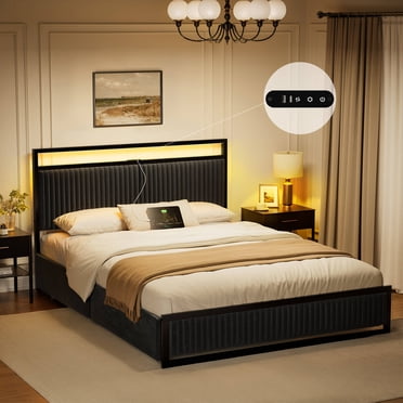 GUNAITO Queen Bed Frame with 2 Storage Drawers, Platform Bed with Headboard, Velvet Upholstered Bed Frame with LED Lights & Charging Station, Black