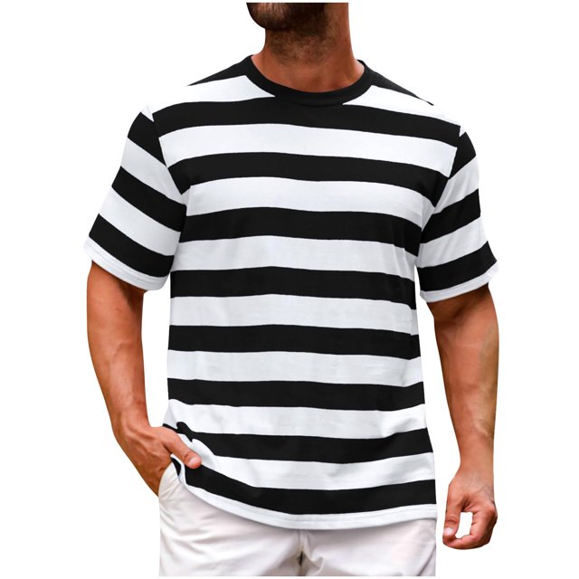 Pitauce T-Shirt à Manches Courtes Rayé pour Homme Col Ras du Cou Haut Basique Chemise Décontractée de Travail