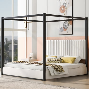 MODERNLUXE King Size Canopy Bed with Tall Velvet Upholstered Headboard,Metal 4-Poster Bed Platform Bed Frame,No Box Spring Needed,White
