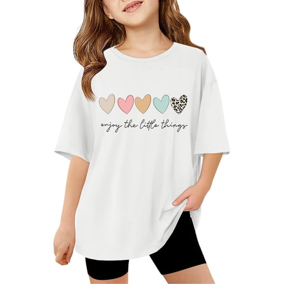 GPOECD Girls Letter Printed Short Sleeve Crewneck Tee Casual Oversized Basic Top for Everyday Wear White,13-14 Years