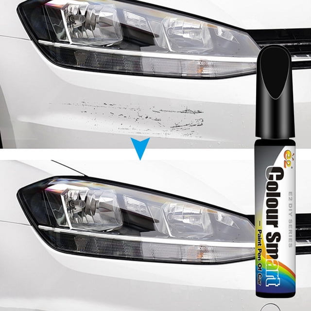 Aodebiao Stylo de Retouche pour Peinture de Voiture Réparant les Égratignures sur une Voiture Blanche Près du Phare. le Stylo Noir Présente une Étiquette Intelligente de Couleur et Est Conçu pour la Réparation de Peinture Automobile, l'Appariement Précis des Couleurs, un Séchage Rapide et une application Facile. l'Image Montre l'Effet avant et après de l'Élimination des Égratignures.