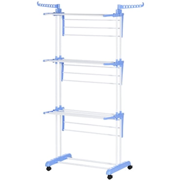 HOMCOM Foldable Clothes Drying Rack with 2 Side Wings and 4 Castors Blue