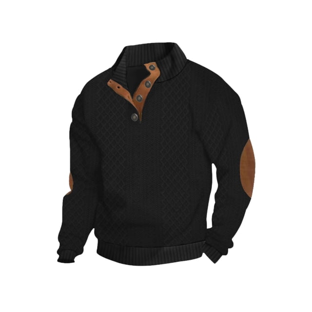 SUNSIOM Men's Fall Henley Sweater, a loose-fitting pullover with a patchwork design, button-down front, and long sleeves. Crafted from 100% polyester, it features a textured knit pattern, ribbed cuffs, and a stand collar. Brown elbow patches and a contrasting button placket enhance its casual and stylish appeal, ideal for fall wear.