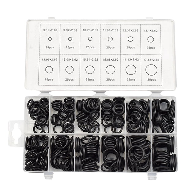 LSLJS Universal Metric Rubber O-Ring Assortment Set Gasket Automotive SAE Kit, containing 300 durable black rubber O-rings in various sizes for sealing rings and washers in hydraulic machinery and pipelines. Organized in a labeled plastic storage case for convenience.