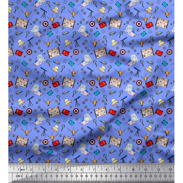 Soimoi Modal Satin Fabric Book,Magnifier & Telescope Education Theme Decor Fabric Printed Yard 42 Inch Wide