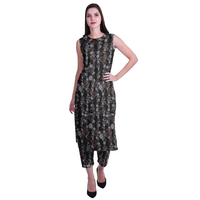 Moomaya Ensemble Kurta et Pantalon Sans Manches pour Femmes à Col Peter Pan Imprimé, Ensemble Ethnique 2 Pcs