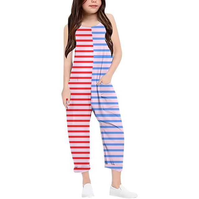 Girls Overall Striped Jumpsuits Rompers for Girls Spaghetti Strap Overalls with Side Pockets Outfits for Girls 8-10 Y